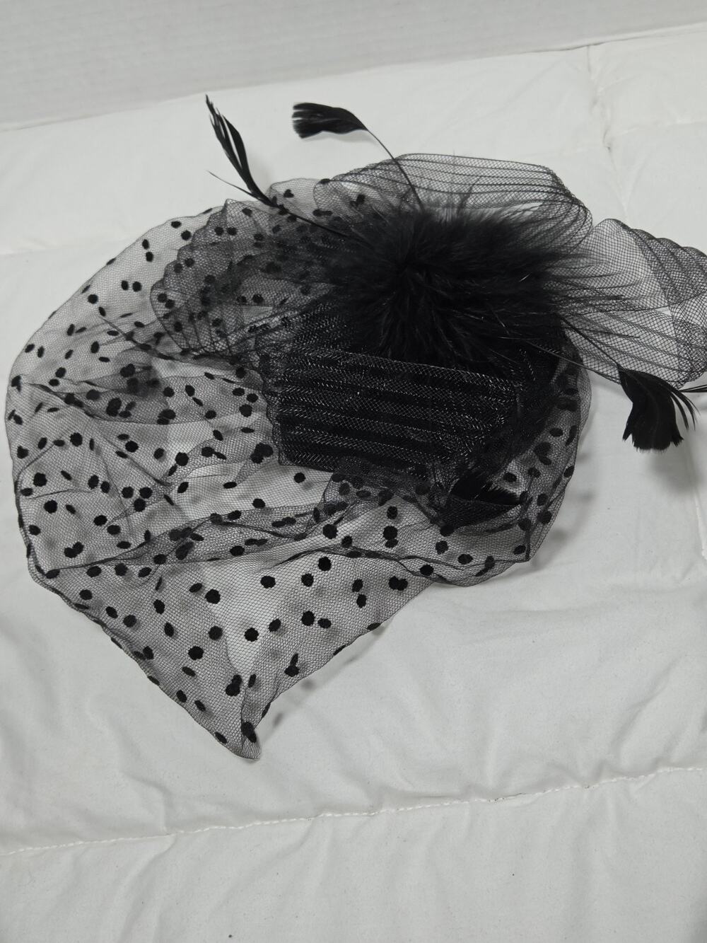 Black Lace Net Feather Mini Hat Polka Dot Mesh Maximalism Wimsy Goth Festival